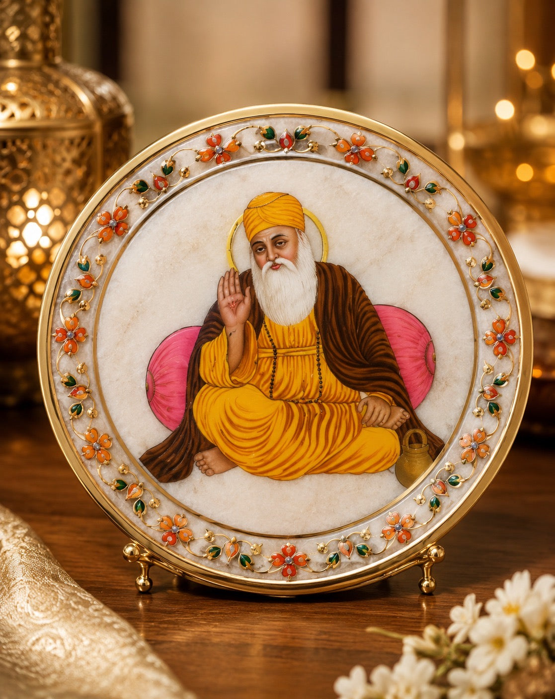 Handcrafted Marble Guru Nanak Dev Ji Decorative Plate | Premium Religious Wall & Table Décor