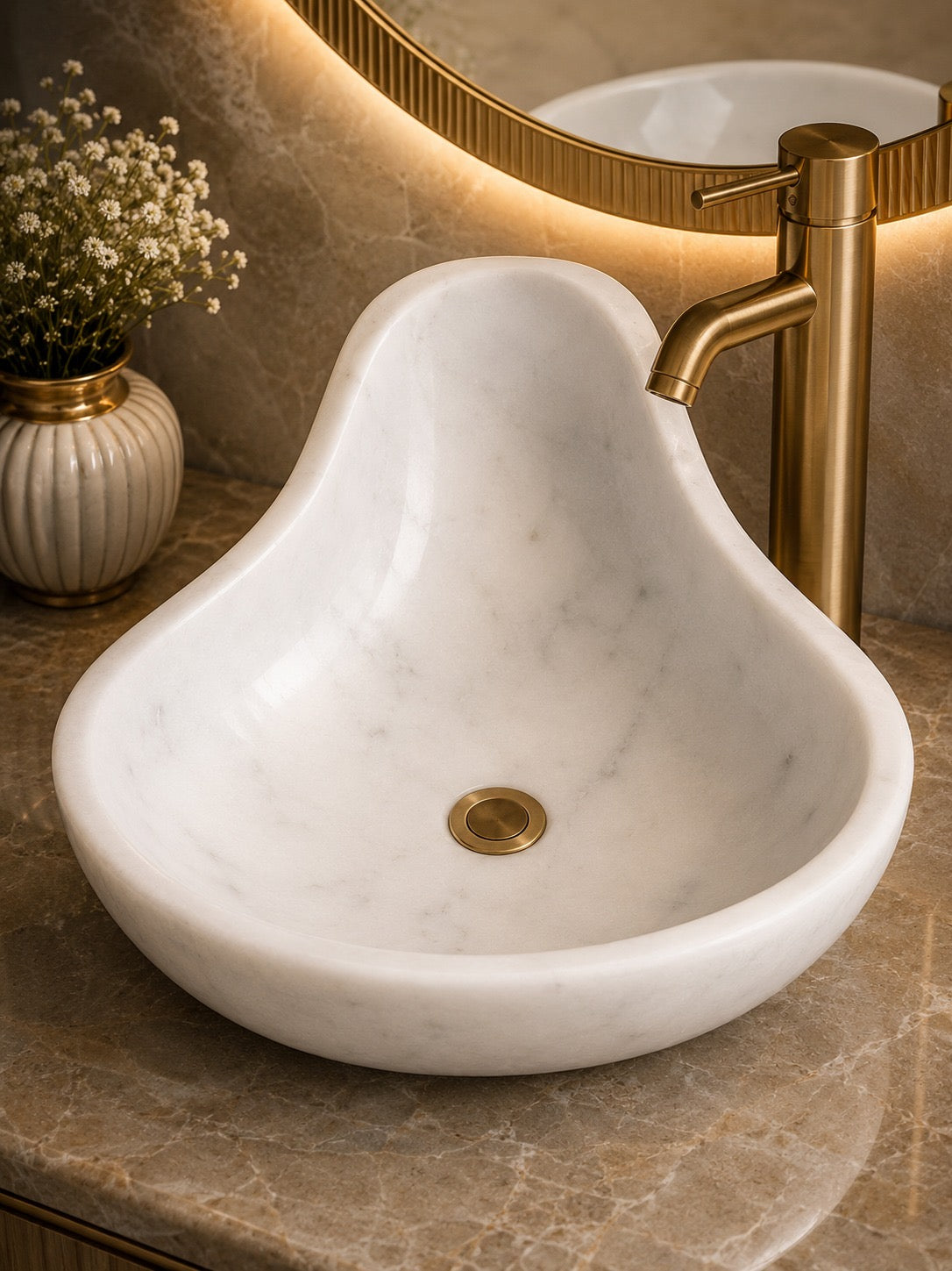 Handcrafted White Marble Designer Vessel Sink | Luxury Organic Shape Bathroom Wash Basin