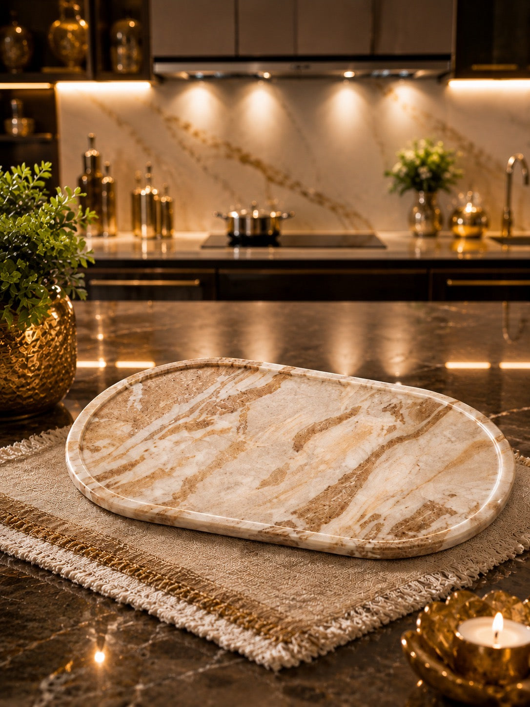 Handcrafted Beige Marble Oval Serving Tray | Luxury Natural Stone Decorative Tray