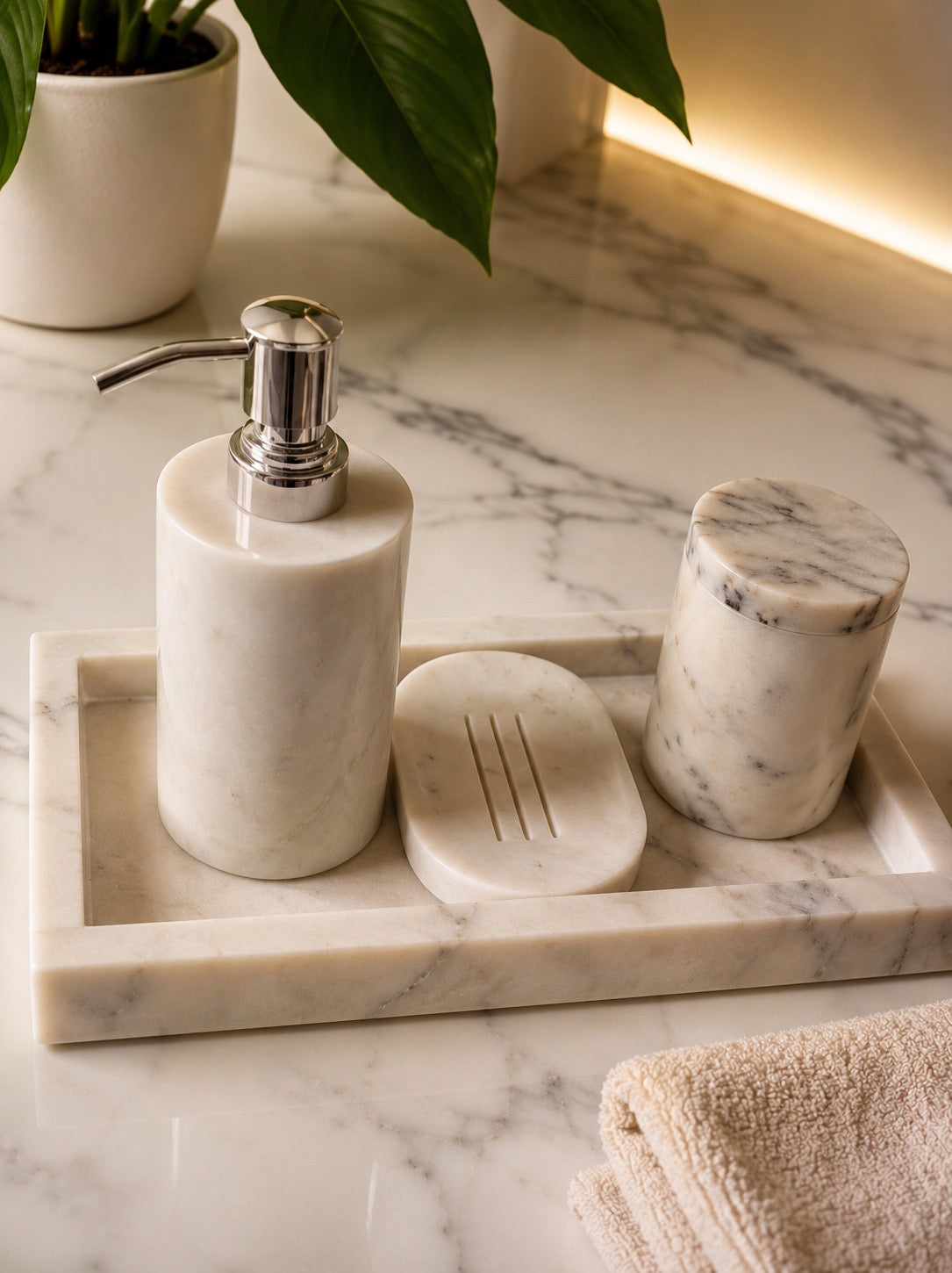Handcrafted White Marble Bathroom Accessories Set |Soap Dish & Storage Jar with Tray (4-Piece Set)