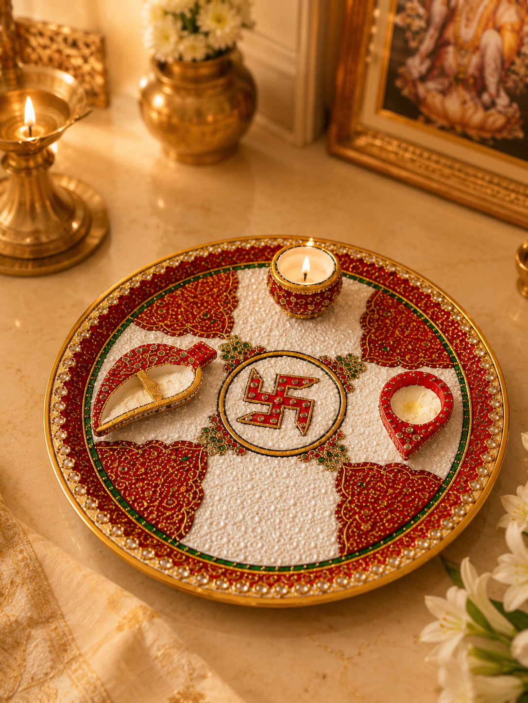 Premium Marble Pooja Thali | Handcrafted Decorative Marble Puja Plate with Diya | natural marble patterns