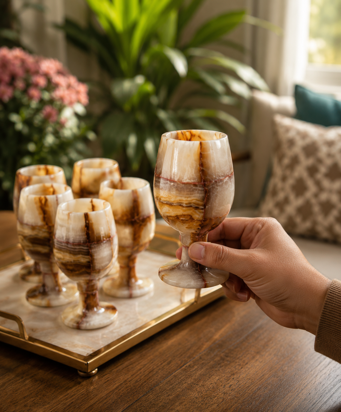 Handcrafted Marble Goblet Glass Set