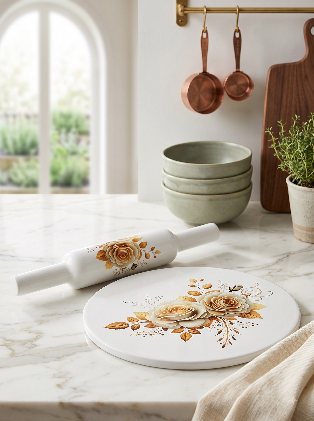 Premium Floral Rose White Marble Chakla Belan