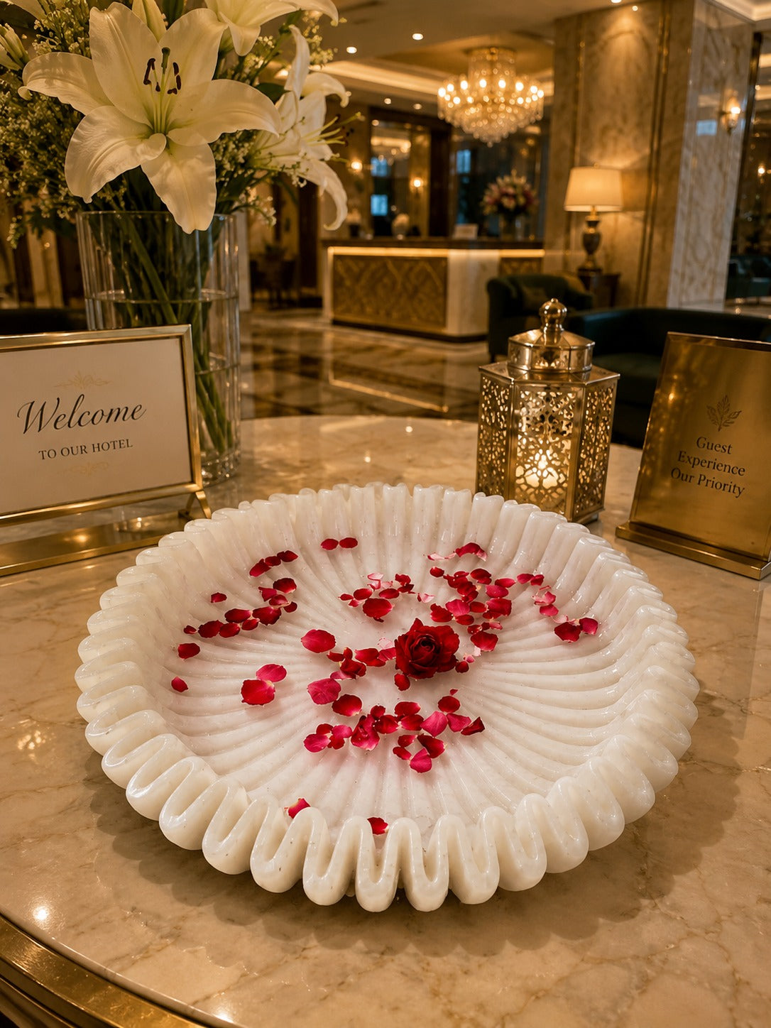 Handcrafted White Marble Decorative Urli Bowl | Premium Floating Flower & Candle Bowl for Home Décor