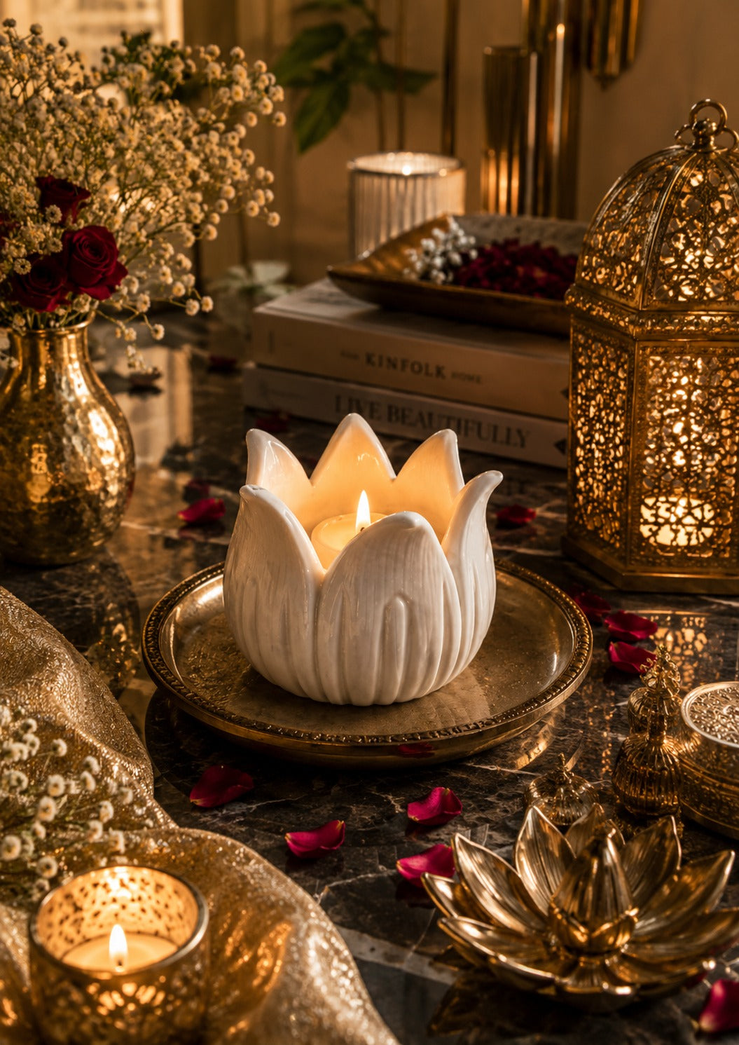 Handcrafted White Marble Lotus Candle Holder | Luxury Decorative Tealight Holder
