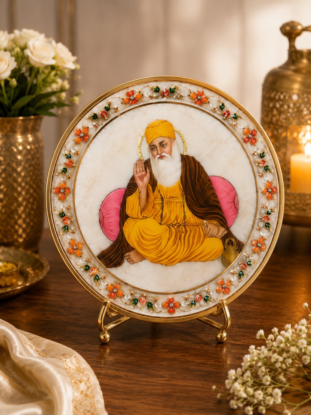 Handcrafted Marble Guru Nanak Dev Ji Decorative Plate | Premium Religious Wall & Table Décor