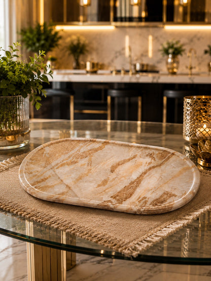 Handcrafted Beige Marble Oval Serving Tray | Luxury Natural Stone Decorative Tray