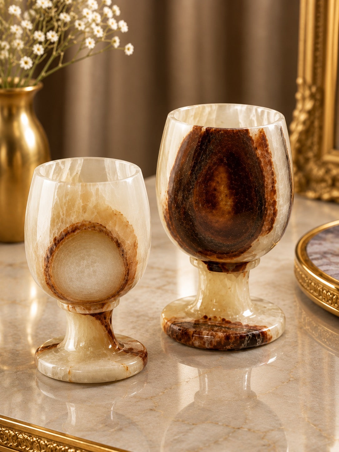 Premium Handcrafted Onyx Marble Goblet Glass Set | Natural Stone Wine & Juice Glasses | Luxury Tableware (Set of 2)