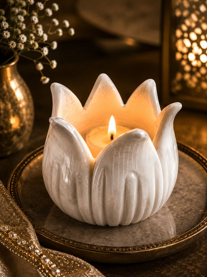 Handcrafted White Marble Lotus Candle Holder | Luxury Decorative Tealight Holder