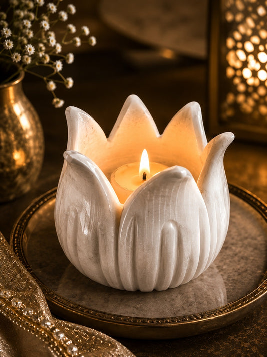 Handcrafted White Marble Lotus Candle Holder | Luxury Decorative Tealight Holder