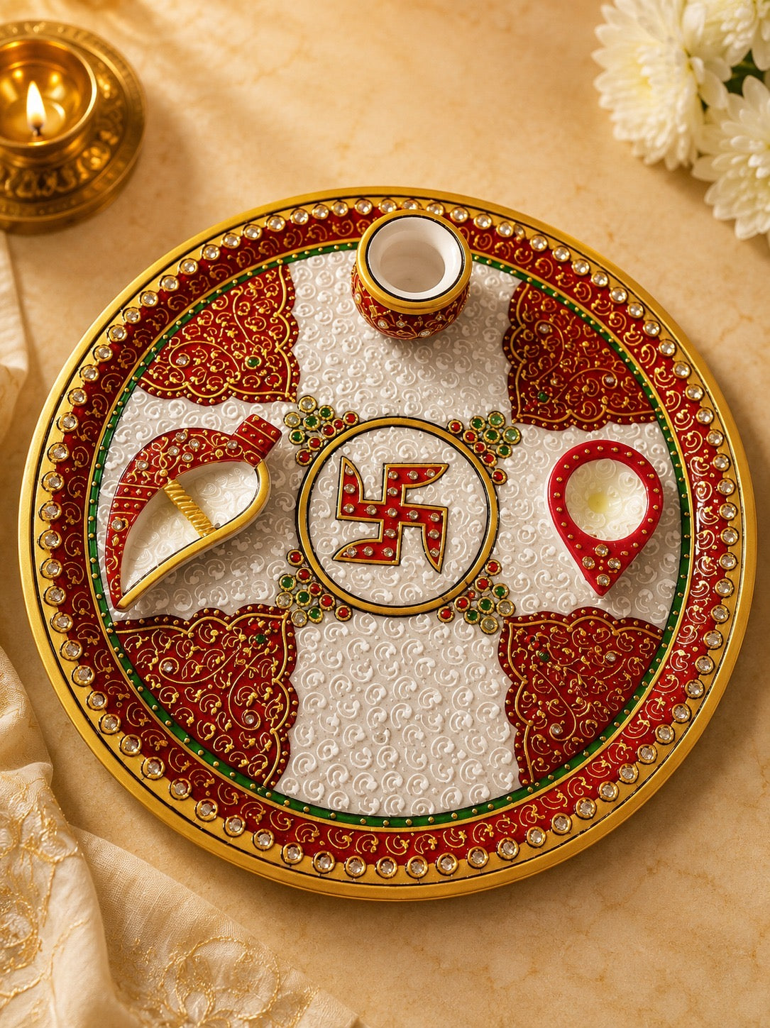 Handcrafted Decorative Puja Plate with Kalash, Diya & Kumkum Holders | Luxury Marble Mandir Decor
