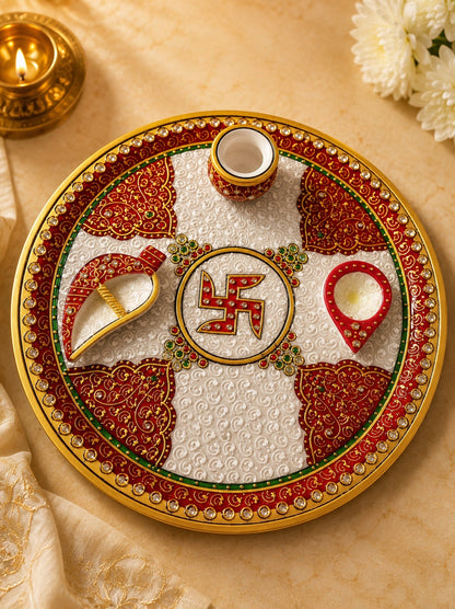 Handcrafted Decorative Puja Plate with Kalash, Diya & Kumkum Holders | Luxury Marble Mandir Decor