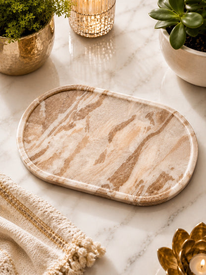 Handcrafted Beige Marble Oval Serving Tray | Luxury Natural Stone Decorative Tray