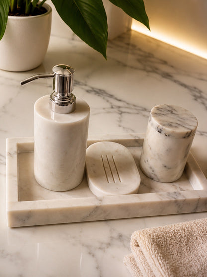 Handcrafted White Marble Bathroom Accessories Set |Soap Dish & Storage Jar with Tray (4-Piece Set)