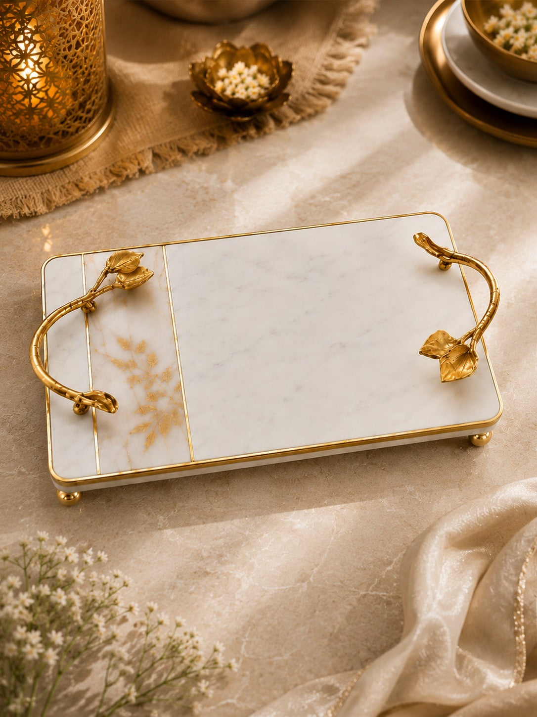Luxury White Marble Serving Tray with Golden Leaf Handles | Decorative Tray | The Virasat Crafts