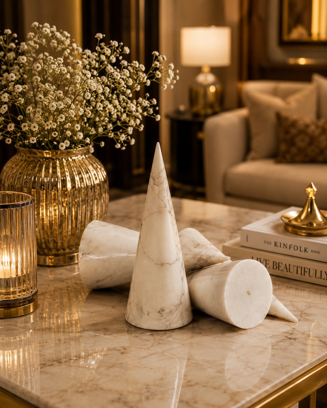 Handcrafted White Marble Decorative Cones (Set of 3) | Luxury Modern Sculptural Home Décor