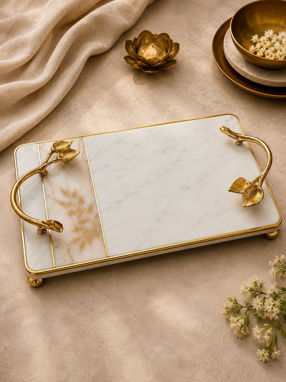 Luxury White Marble Serving Tray with Golden Leaf Handles | Decorative Tray | The Virasat Crafts
