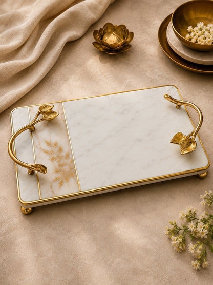 Luxury White Marble Serving Tray with Golden Leaf Handles | Decorative Tray | The Virasat Crafts