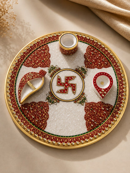 Premium Marble Pooja Thali | Handcrafted Decorative Marble Puja Plate with Diya |  natural marble patterns