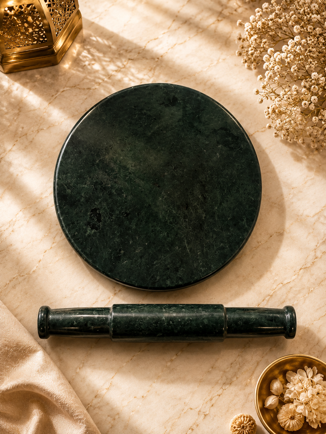 Premium Green Marble Rolling Pin & Chakla