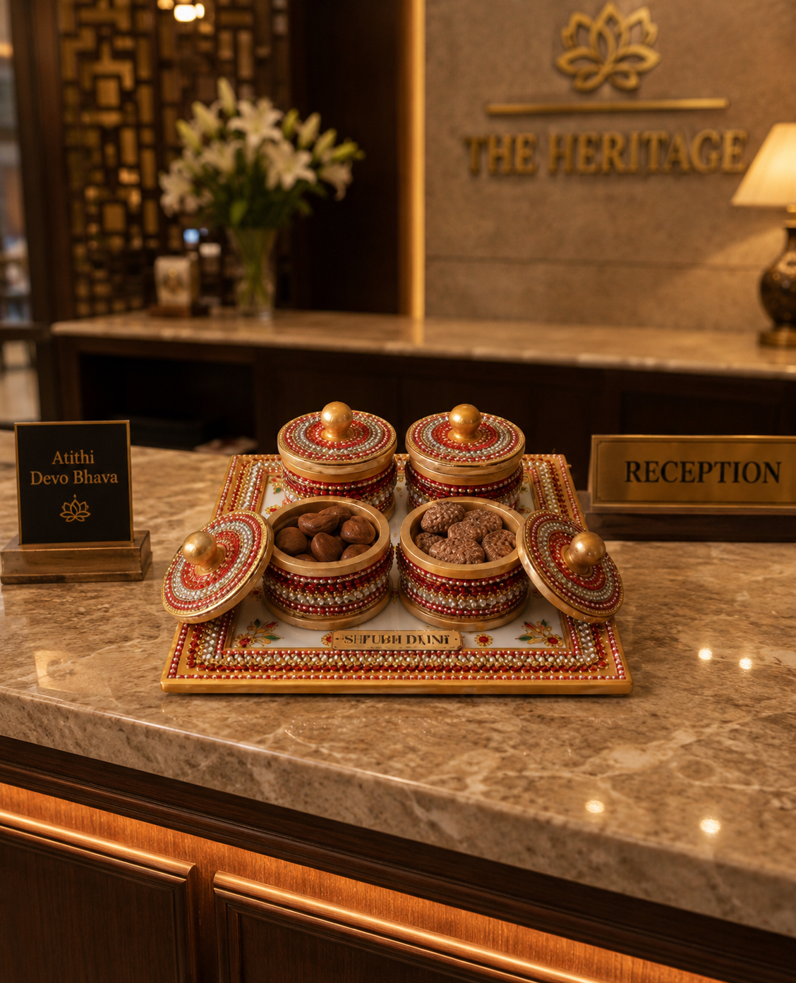 Luxury Handmade Wooden Supari Daani Set with Decorative Tray | Traditional Indian Home Decor