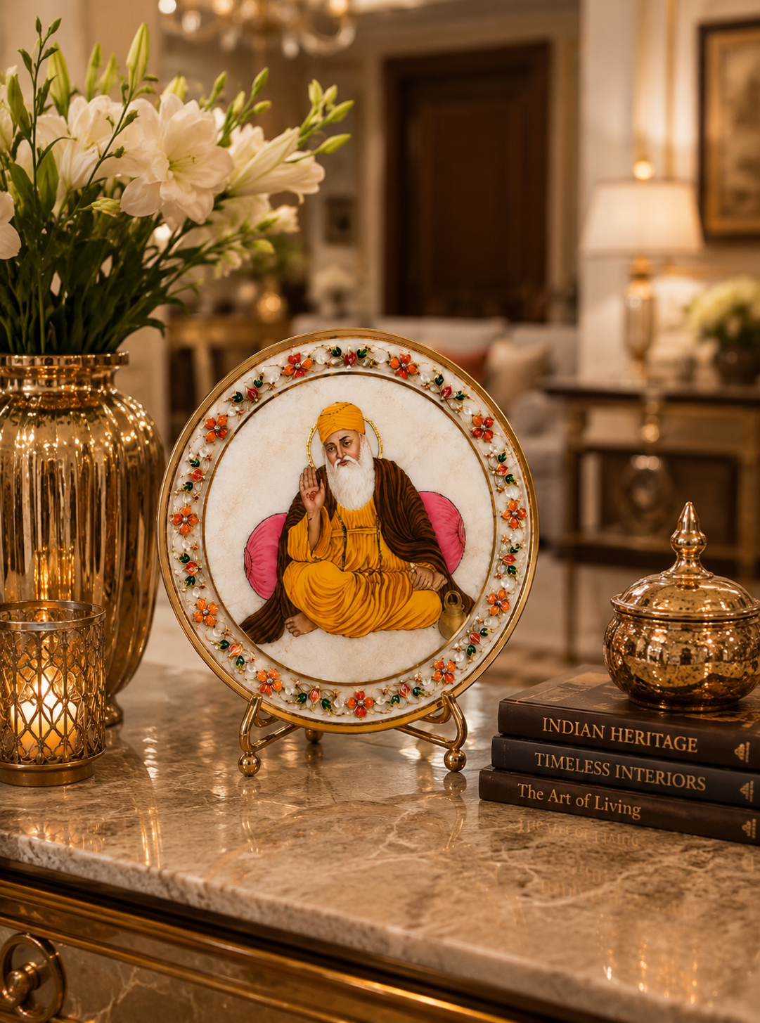 Handcrafted Marble Guru Nanak Dev Ji Decorative Plate | Premium Religious Wall & Table Décor