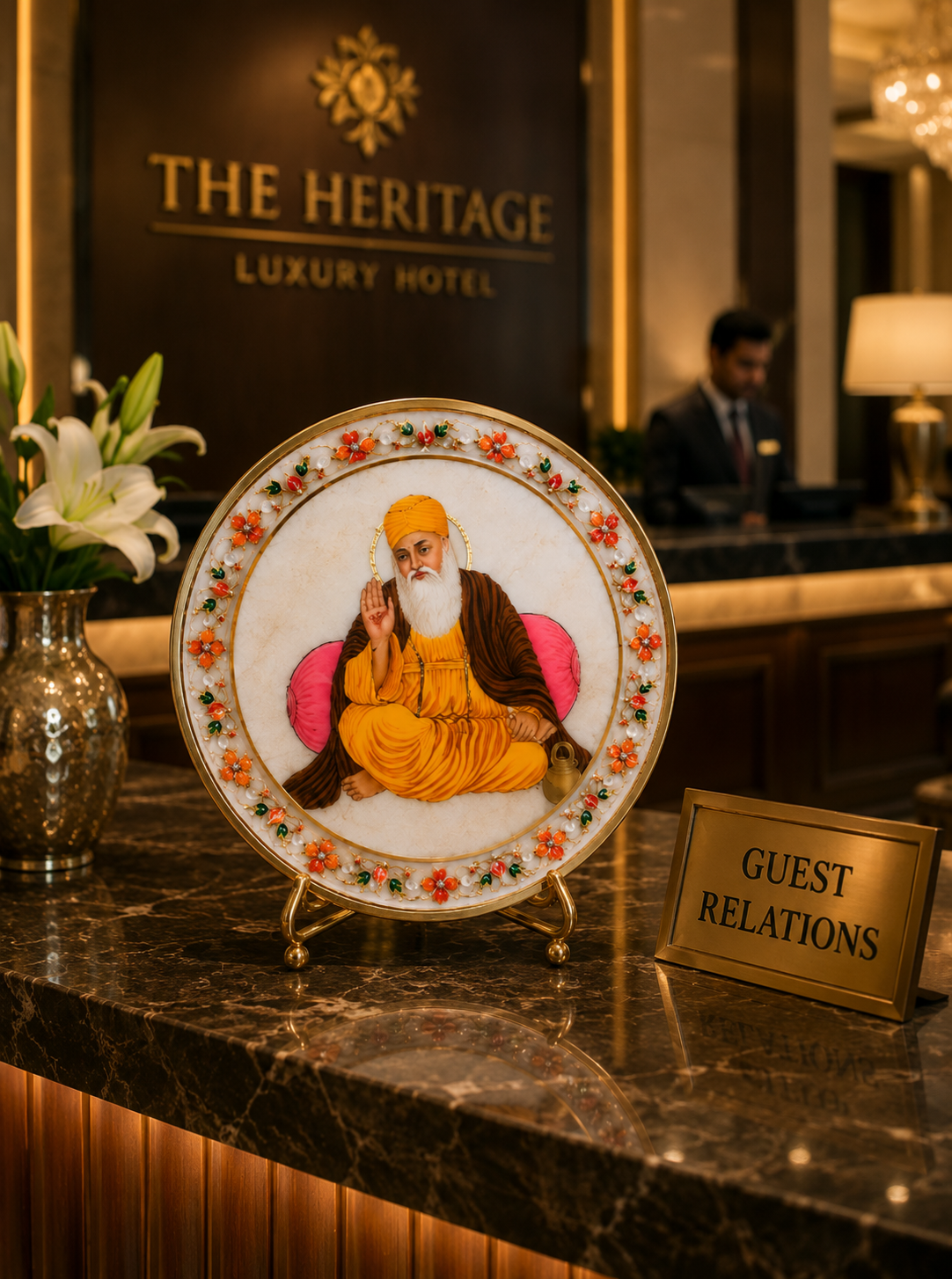 Handcrafted Marble Guru Nanak Dev Ji Decorative Plate | Premium Religious Wall & Table Décor