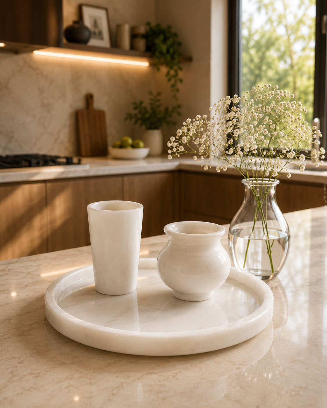Premium White Marble Tray Set with Tumbler & Pot | Premium White Marble Tray Set