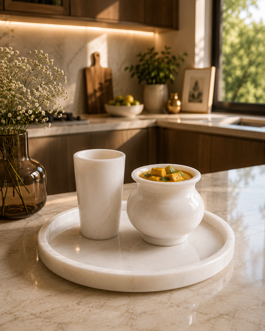 Premium White Marble Tray Set with Tumbler & Pot | Premium White Marble Tray Set