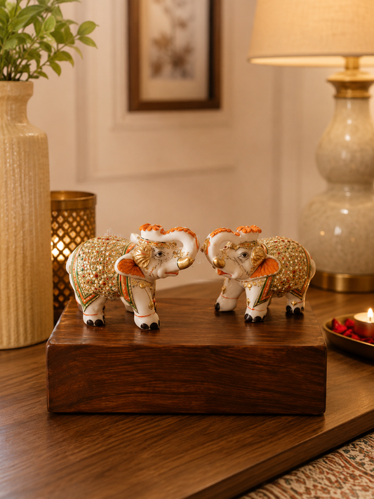 Handcrafted Marble Elephant Figurine Set