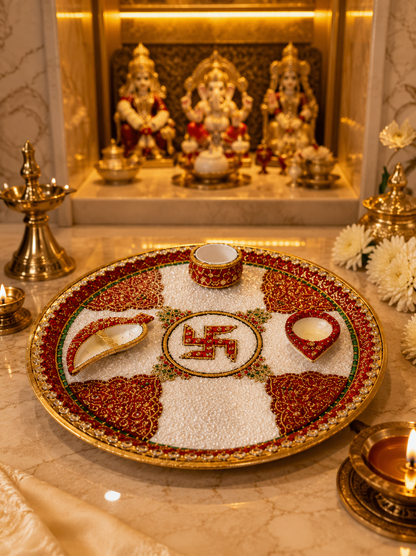Handcrafted Decorative Puja Plate with Kalash, Diya & Kumkum Holders | Luxury Marble Mandir Decor