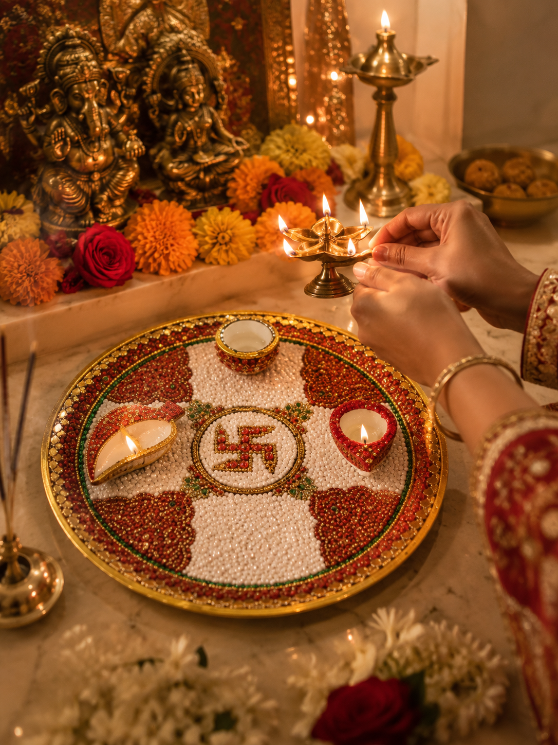 Handcrafted Decorative Puja Plate with Kalash, Diya & Kumkum Holders | Luxury Marble Mandir Decor