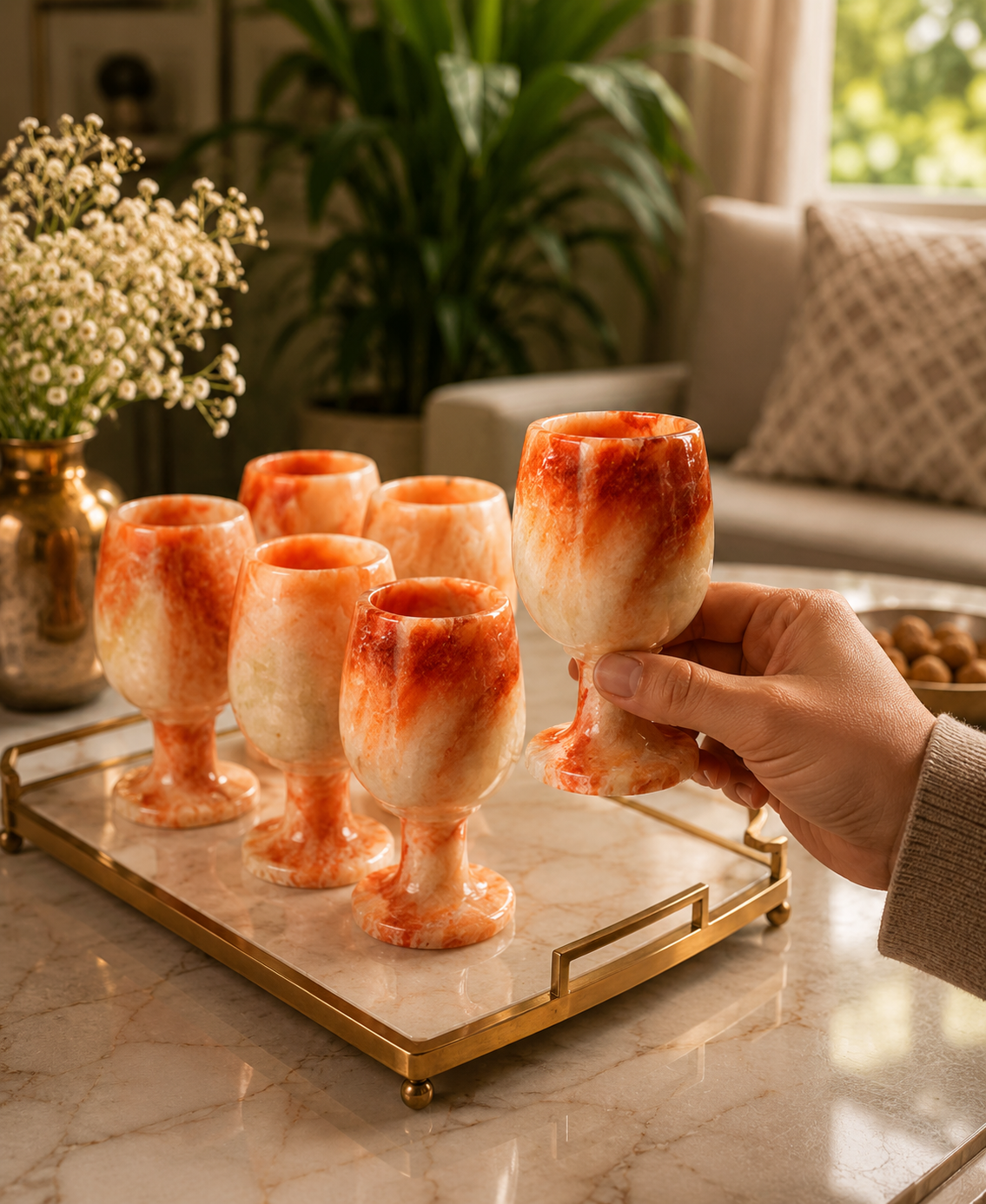 Premium Handcrafted Onyx Marble Wine Glass Set of 6 | Luxury Stone Goblets | Elegant Drinkware for Home & Dining