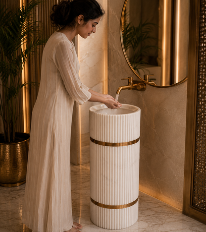 Luxury Fluted Marble Pedestal Wash Basin