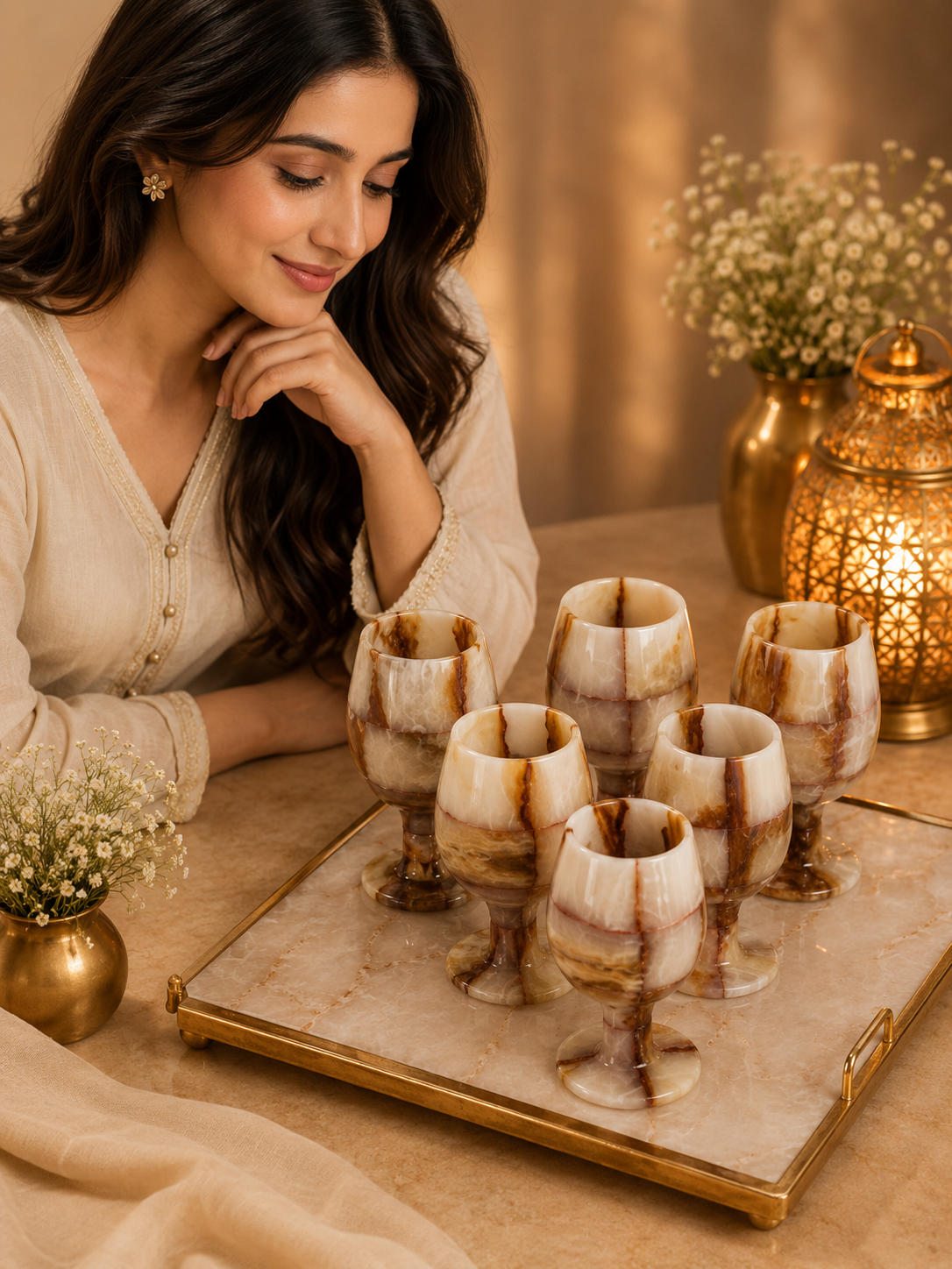 Handcrafted Marble Goblet Glass Set