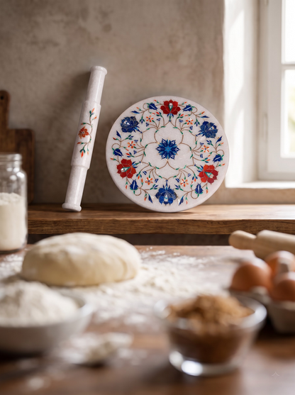 Handmade White Marble Chakla Belan with Floral