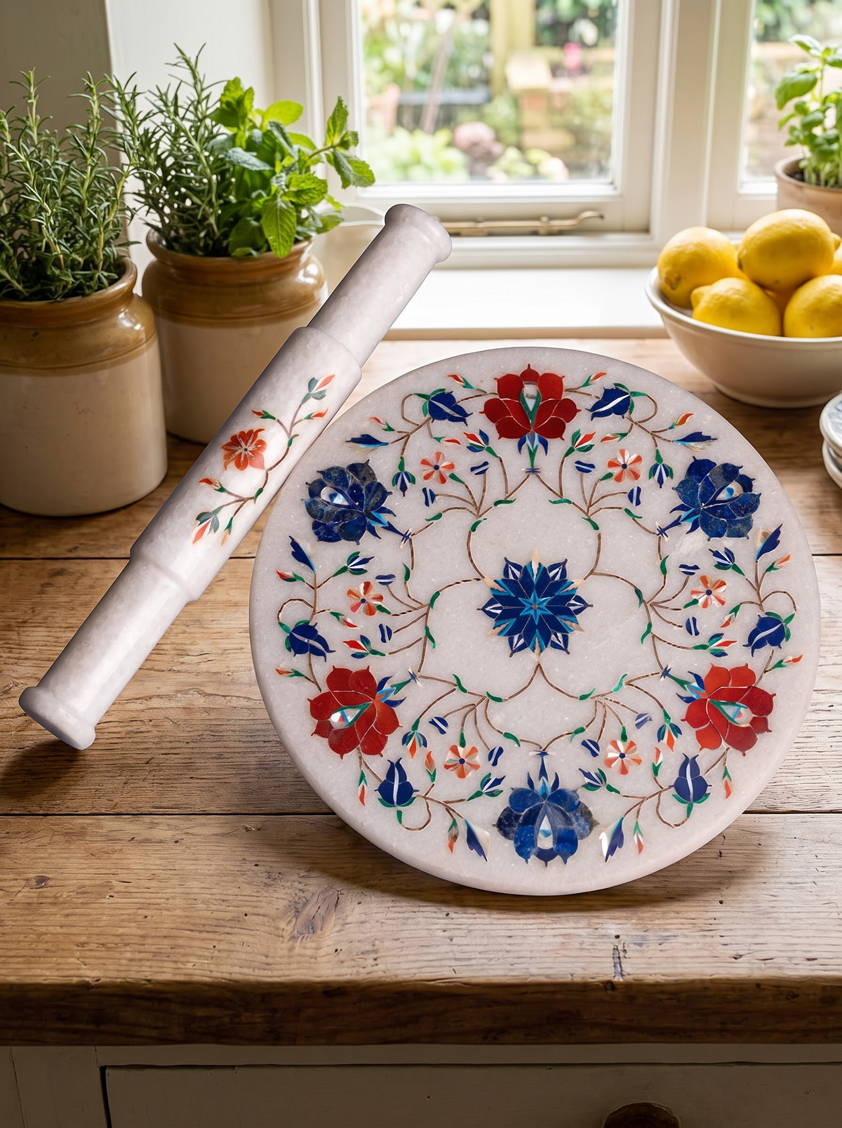 Handmade White Marble Chakla Belan with Floral