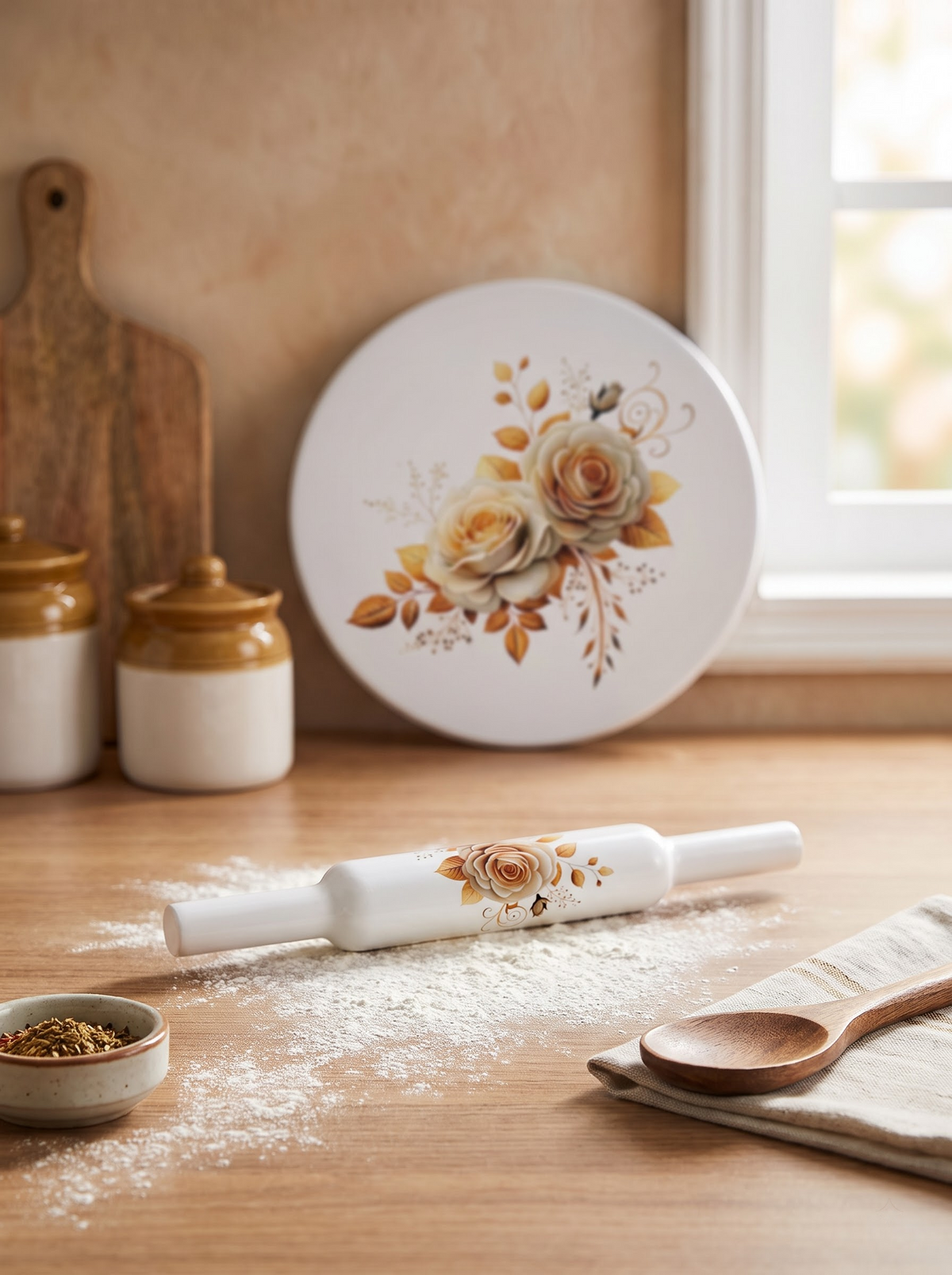 Premium Floral Rose White Marble Chakla Belan