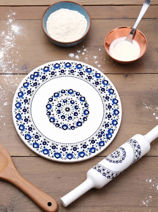 White Marble Chakla Belan with Blue Floral Inlay