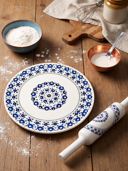 White Marble Chakla Belan with Blue Floral Inlay