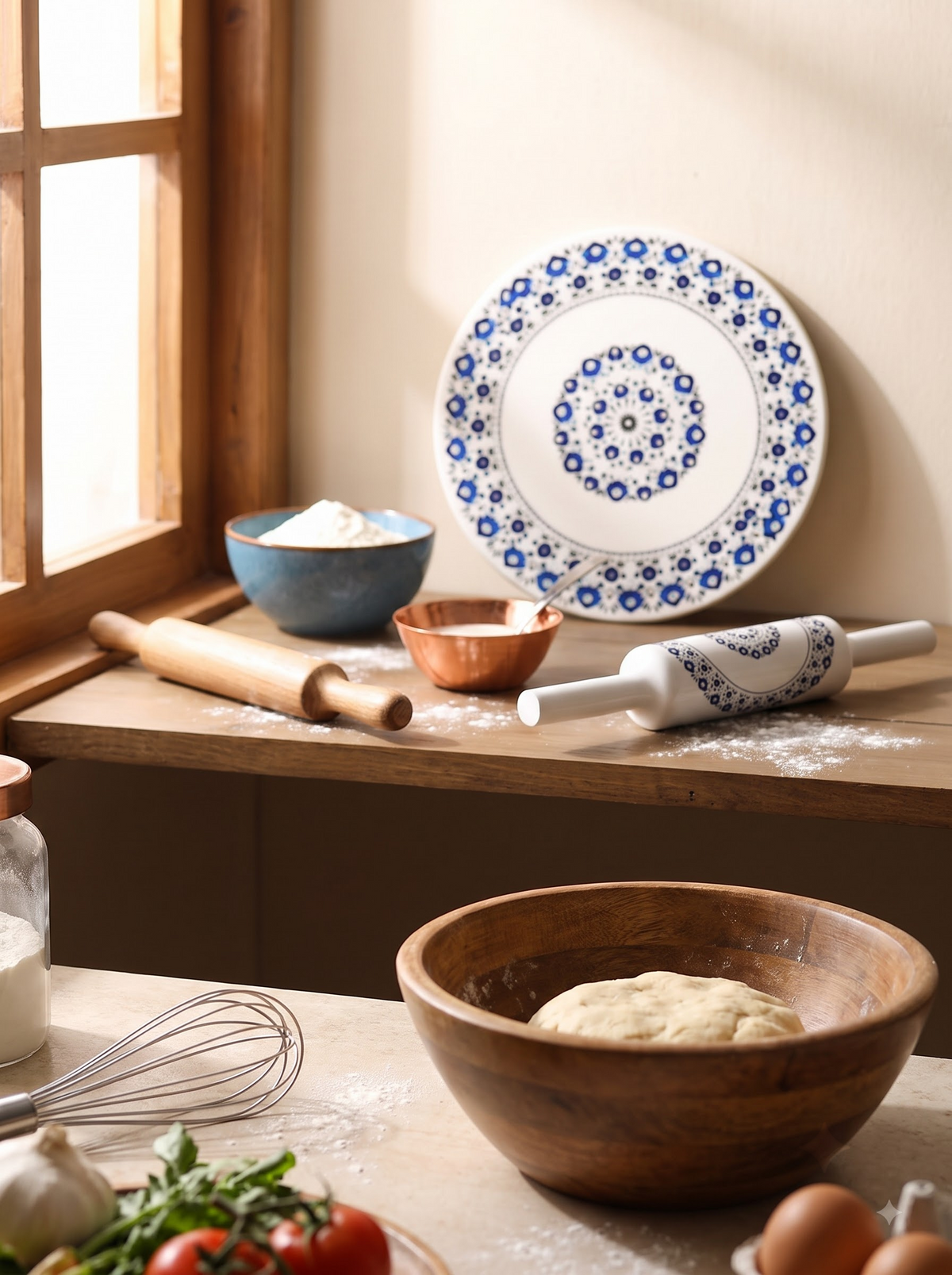 White Marble Chakla Belan with Blue Floral Inlay