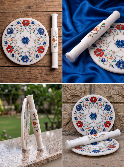 Handmade White Marble Chakla Belan with Floral
