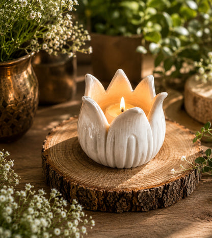 Handcrafted White Marble Lotus Candle Holder | Luxury Decorative Tealight Holder