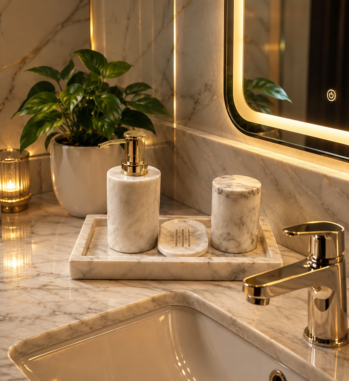 Handcrafted White Marble Bathroom Accessories Set |Soap Dish & Storage Jar with Tray (4-Piece Set)