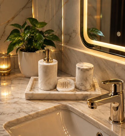 Handcrafted White Marble Bathroom Accessories Set |Soap Dish & Storage Jar with Tray (4-Piece Set)