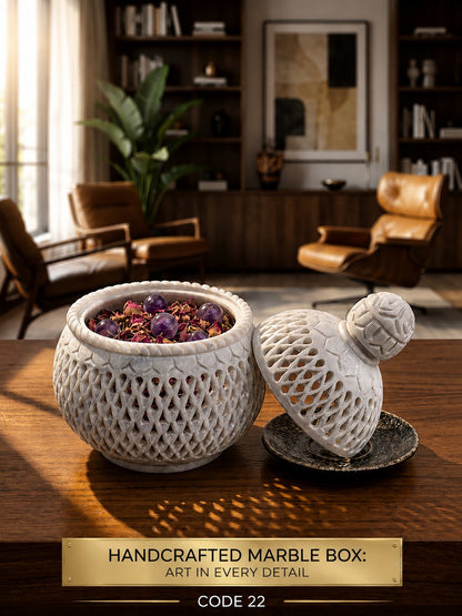 Luxury Handcrafted White Marble Potpourri Box with Lid | Decorative Marble Storage Jar | The Virasat Crafts