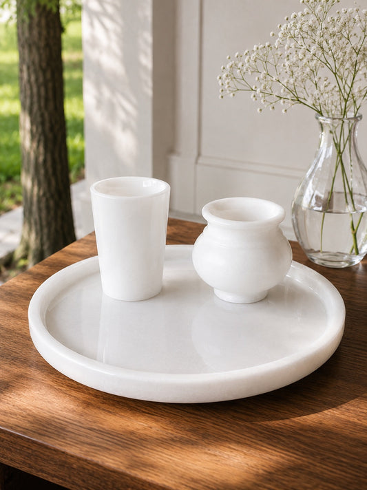 Premium White Marble Tray Set with Tumbler & Pot | Premium White Marble Tray Set