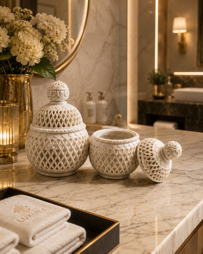 Handcrafted White Marble Decorative Box with Lid | Decorative box | Luxury Carved Marble Storage Jar