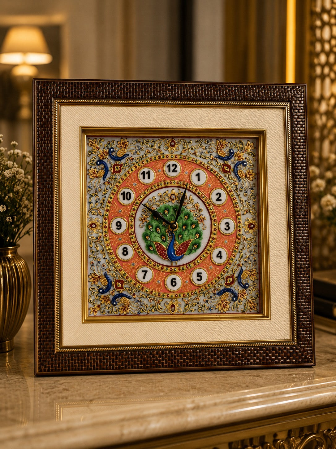 Handcrafted Marble Peacock Wall Clock | Marble clock | Luxury Hand-Painted Marble Wall Décor (12 x 12 Inch)