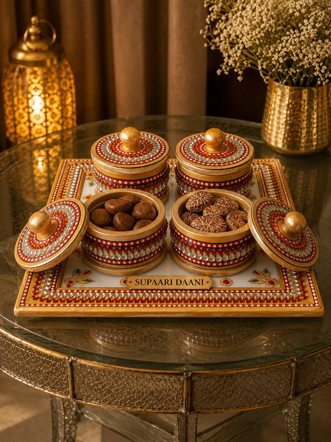 Luxury Handmade Wooden Supari Daani Set with Decorative Tray | Traditional Indian Home Decor